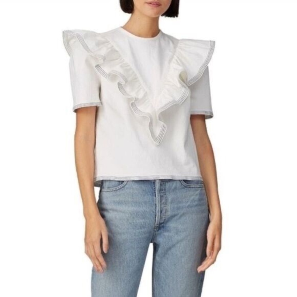 SAYLOR Harriette White Denim Ruffle Sailor Top Blouse Size XS